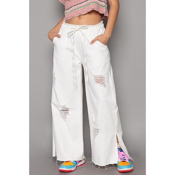 POL High Rise Distressed Adjustable Drawstring Side Slit Wide Leg Pants | White - Picture 4 of 4